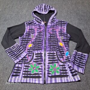 Rising International Hoodie Jacket Women Size Medium Purple 3D Boho Embroidered